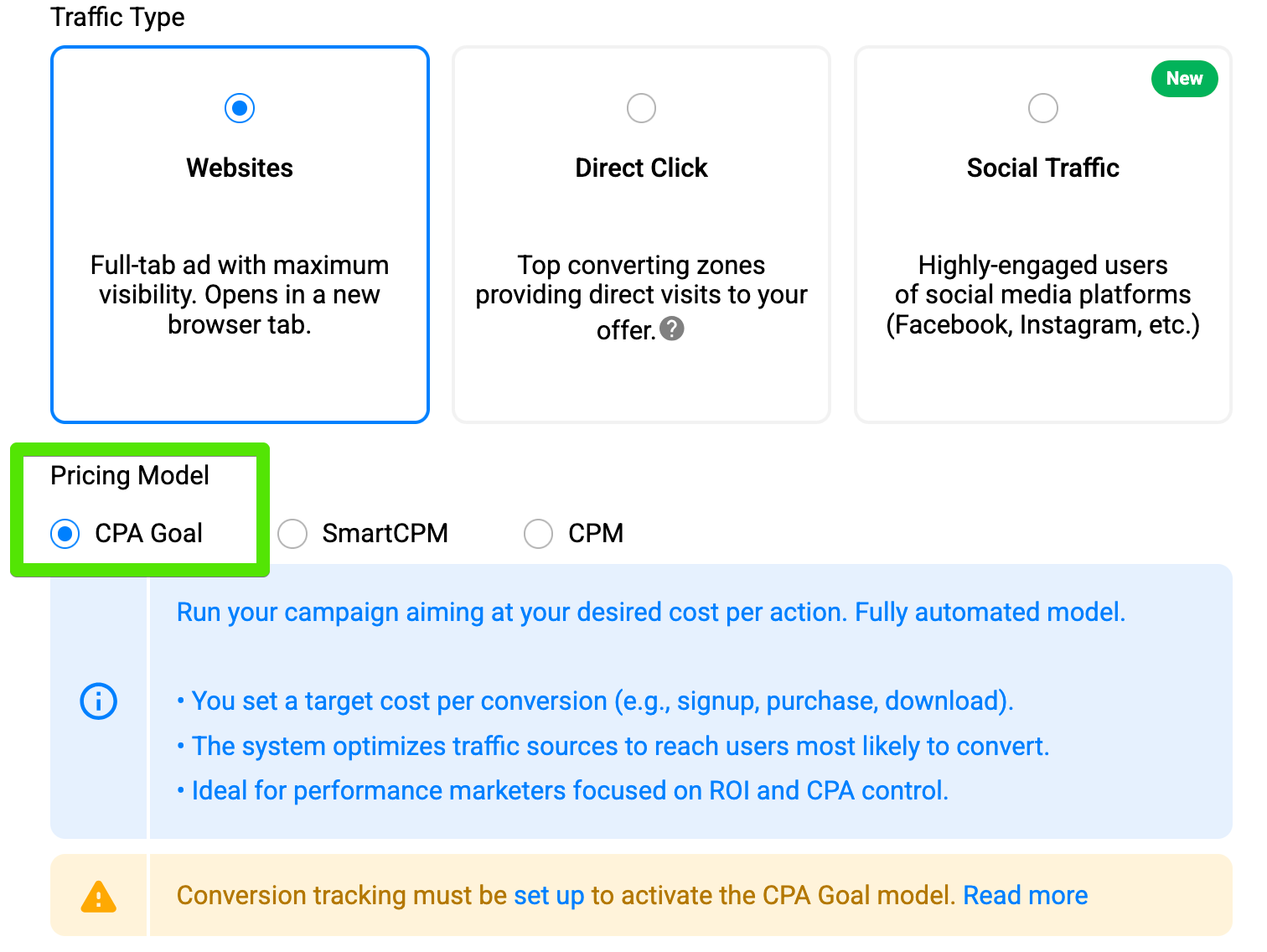 propellerads-cpa-goal-campaign-setup