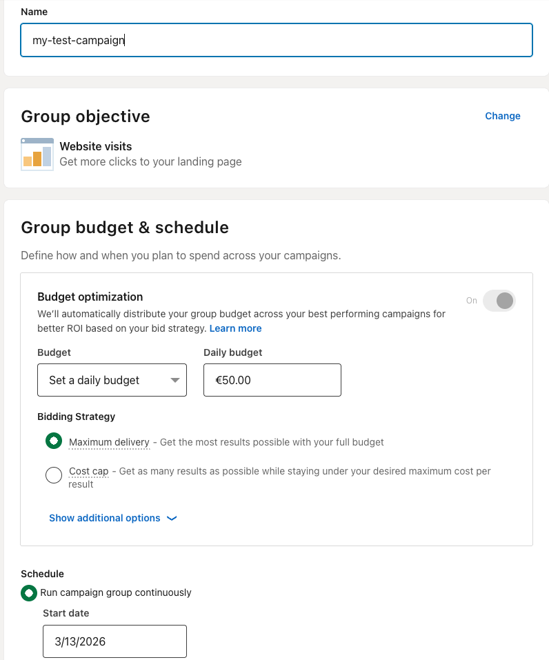 LinkedIn Ads campaign setup interface screenshot 2026