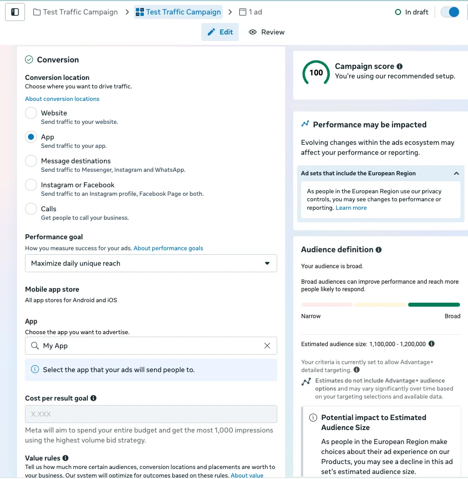Meta Ads campaign setup interface screenshot 2026