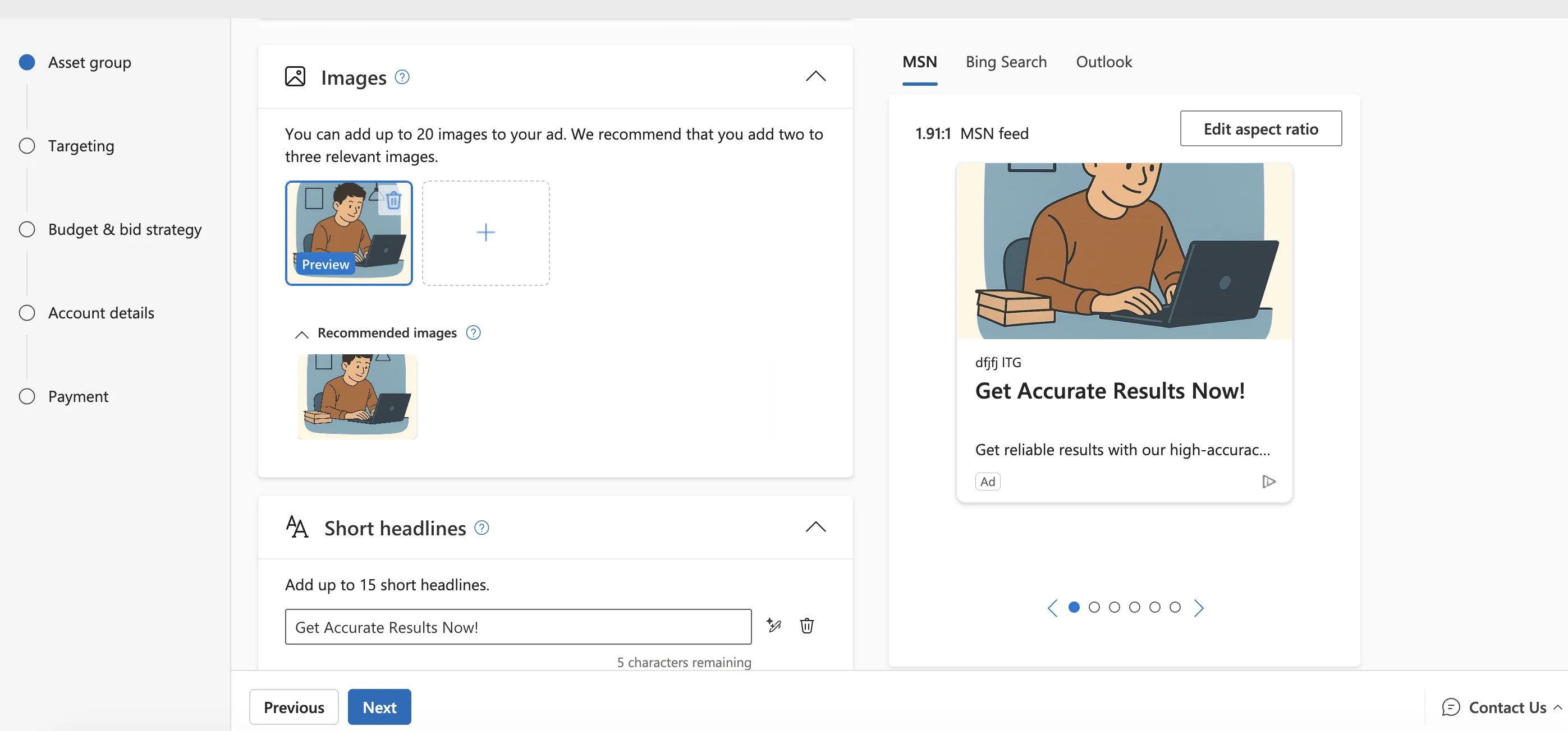 Screenshot of the Microsoft Ads campaign setup interface 2026 showing the Asset group step