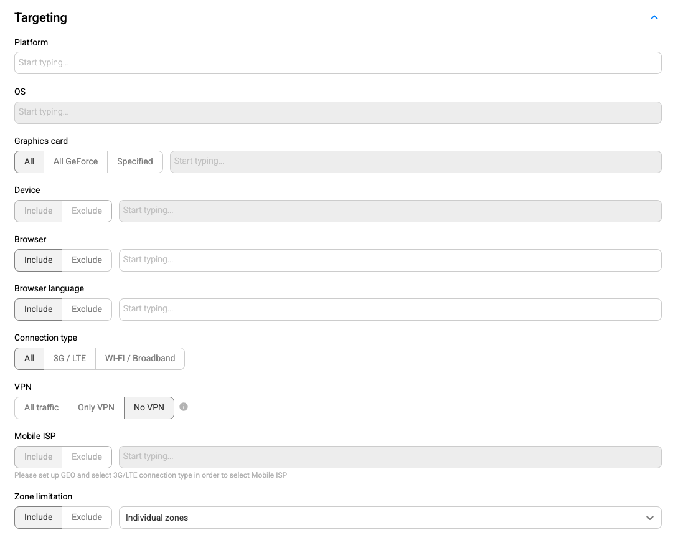 PropellerAds OnClick Popunder campaign settings dashboard-targeting