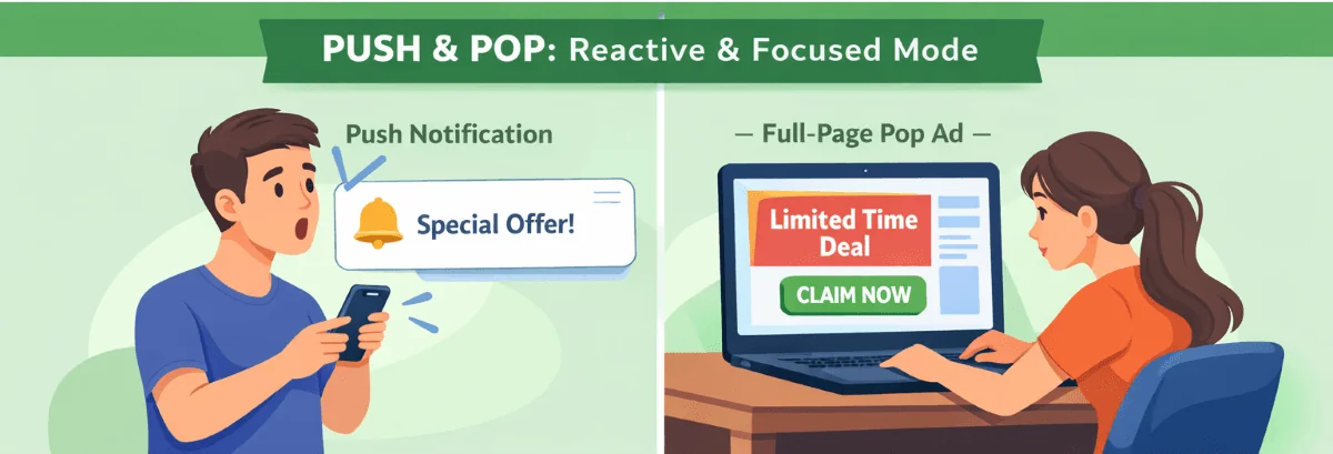 PropellerAds - Push and Pop ads create different attention moments, from reactive mobile notifications to focused full-page offers
