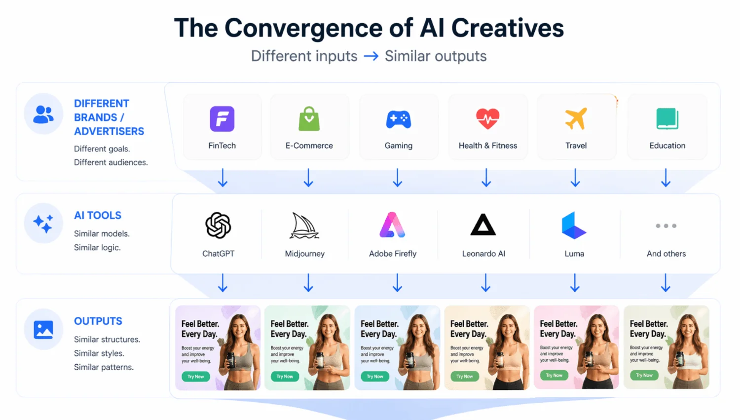 PropellerAds - infographic showing how different brands using similar AI tools can produce near-identical ad creatives