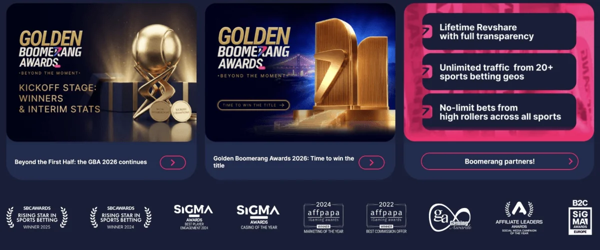 PropellerAds - Boomerang Partners iGaming affiliate program featuring lifetime RevShare, global traffic, and industry awards