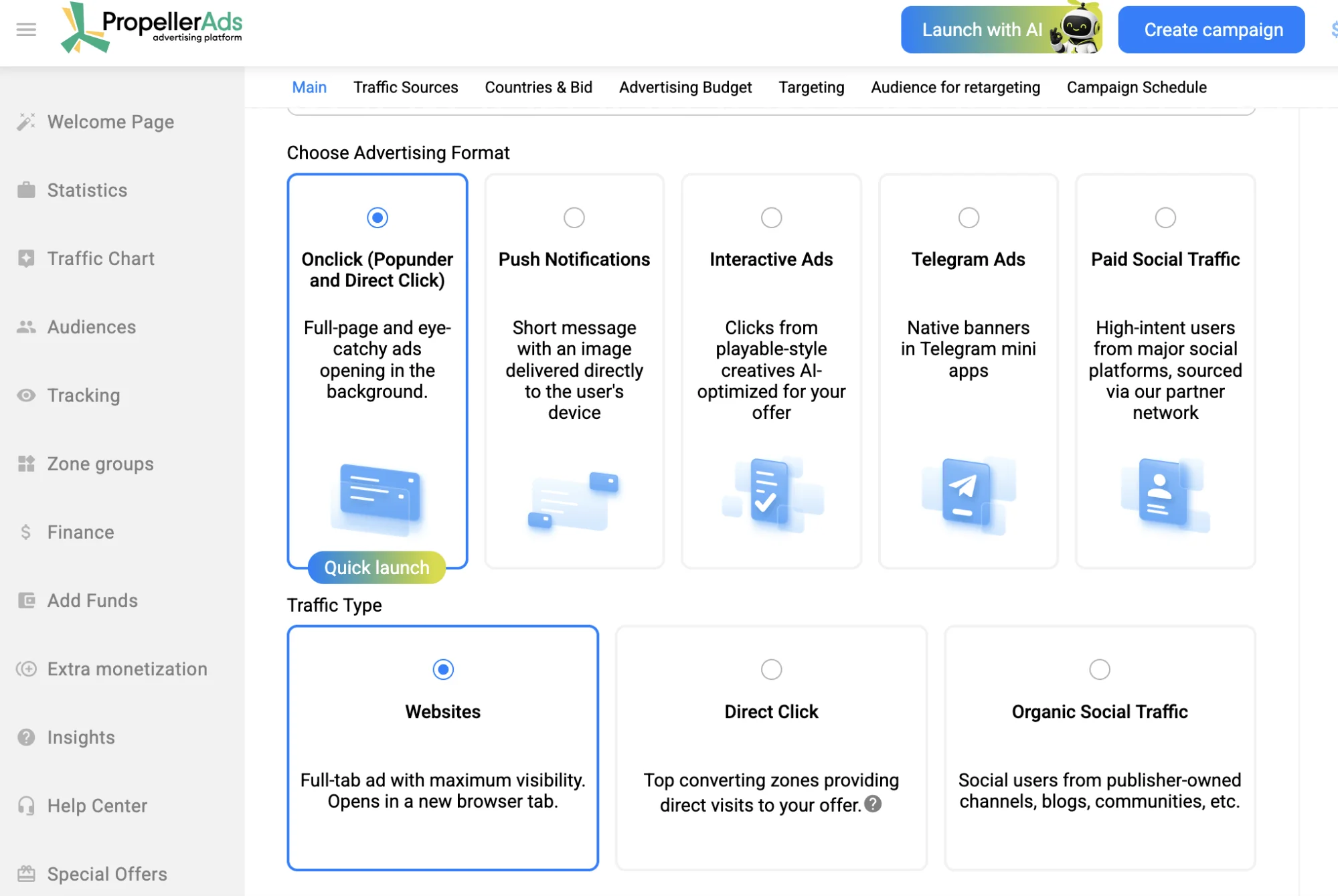 PropellerAds - iGaming traffic campaign setup with Popunder, Push Notifications, Interactive Ads, Telegram Ads, and Paid Social Traffic